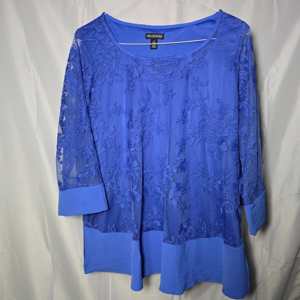 Nina Leonard Royal Blue Floral Lace Overlay Tunic Top 3/4 Sleeve 1X